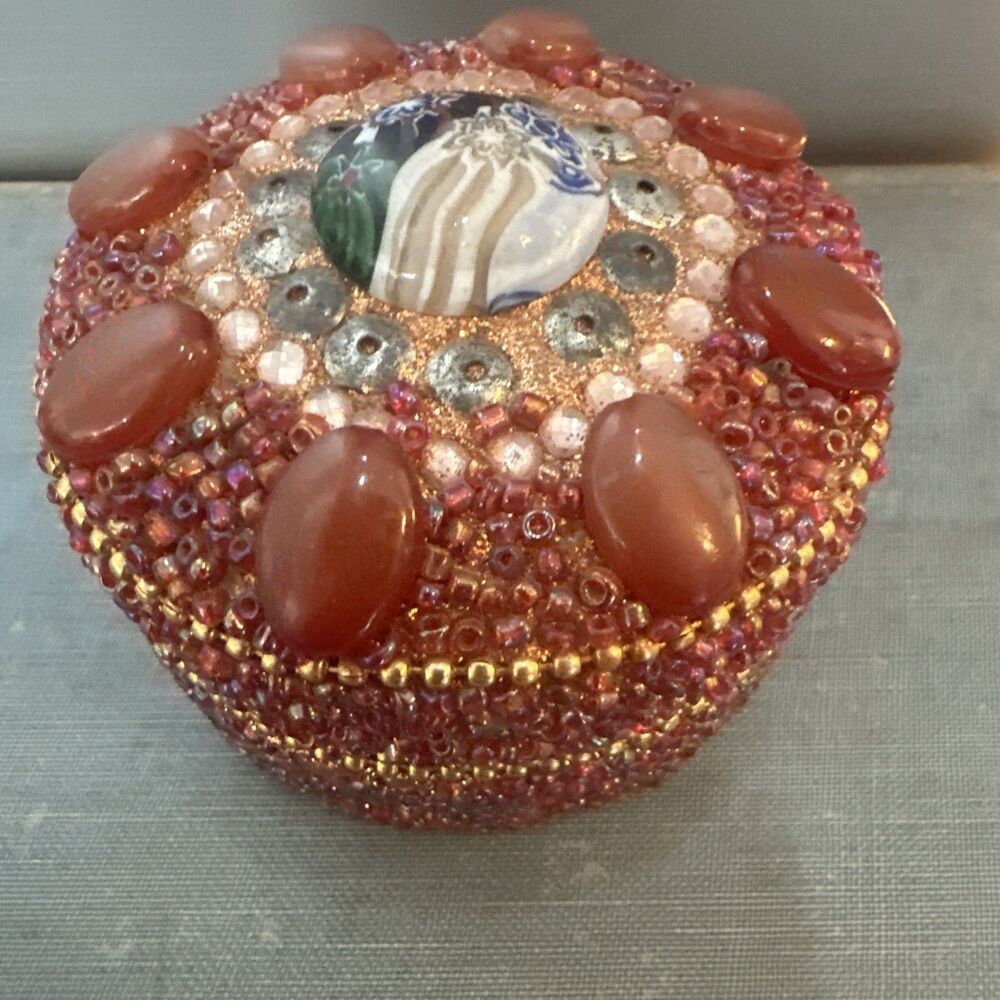 Vintage! Round, Beaded, Red, Jewerlry/Coin/Pill Trinket Box; Handcrafted; India
